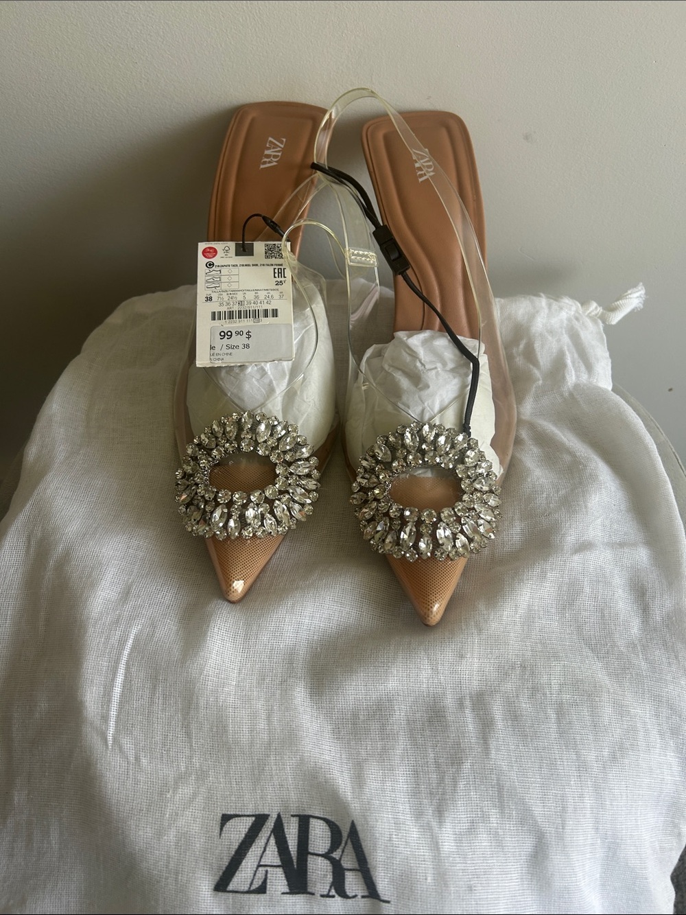 Zara Nude Pointed Slingback Mules with Crystal Brooch